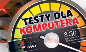 Grafika przedstawia wskaźnik prędkości z napisem "Testy dla komputera". Obok widnieje logo "Komputer Świat DVD" i informacja o 8 GB najlepszych narzędzi do testowania i diagnostyki.