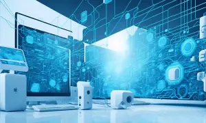 Nowoczesne komputery z niebieskim, cyfrowym interfejsem, symbolizującym aktualizację systemu i postęp technologiczny.