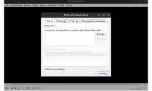 Otwieranie pliku multimedialnego w VLC media player na Linuxie. Okno wyboru pliku z opcjami dodawania i przeglądania.