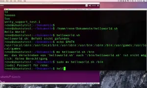 Terminal z poleceniami, w tym próba `export bash`. Widoczne są komunikaty o błędach i ścieżki systemowe.
