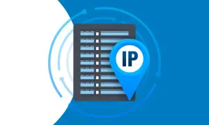 Ikona lokalizacji z literami "IP" na tle serwerowni. Dowiedz się, jak sprawdzić IP.