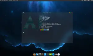 Na ekranie komputera z tapetą kosmiczną widać okno terminala z informacjami o systemie **Kodachi Linux**.