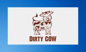 Brązowa krowa z plamami, z wyrazem twarzy sugerującym niechęć. Pod spodem napis "DIRTY COW".