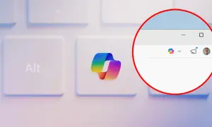 Klawiatura z klawiszem "Alt" i tęczowym logo. W okręgu widać okno z ikonami, w tym przypominającą Cortanę z Windows 10.