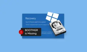 Komunikat o błędzie "BOOTMGR is Missing" na niebieskim tle, obok dysku twardego i logo Windows.
