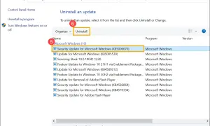 Jak odinstalować sterowniki: zaznacz aktualizację "Security Update for Microsoft Windows (KB5006670)" i kliknij "Uninstall".