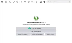 Ekran startowy menedżera haseł KeePassXC. Opcje: utwórz nową bazę, otwórz istniejącą, importuj dane.