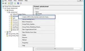 Zarządzanie zasadami grupy w Windows. Menu kontekstowe oferuje opcję "Utwórz GPO w tej domenie i połącz ją tutaj...", co pozwala na zarządzanie politykami.