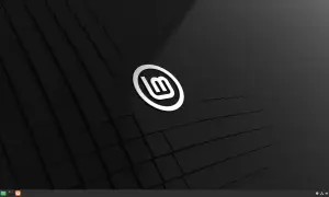 Minimalistyczny pulpit z logo Linux Mint XFCE na czarnym, geometrycznym tle.