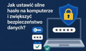 Jak ustawić hasło na komputerze? Ilustracja pokazuje laptop z polem hasła, ikonę klucza, gwiazdki i symbol tarczy z kłódką.