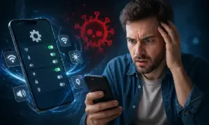 Przerażony mężczyzna patrzy na smartfon, z którego wyskakują ikony i symbol wirusa. Wygląda, jakby wirus wysyła smsy, przejmując kontrolę nad jego urządzeniem.