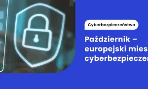 Palec dotyka ekranu z formularzem logowania, obok symbolu kłódki na tarczy. Październik to europejski miesiąc cyberbezpieczeństwa, przypominający o zasadach bezpiecznego internetu.
