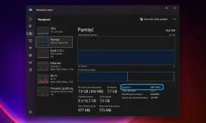 Menedżer zadań pokazuje, jak sprawdzić taktowanie ramu: 2667 MT/s. Widzimy też wykorzystanie pamięci i jej skład.