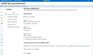 Ustawienia serwera SMB: SMB 1 nie jest zainstalowany, konfiguracja podpisywania i szyfrowania SMB, a także udostępnianie plików przez internet z SMB over QUIC.