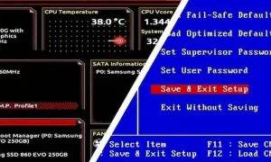Ekran ustawienia BIOS. Widoczne informacje o temperaturze CPU, napięciu, danych SATA i opcje takie jak "Save & Exit Setup".