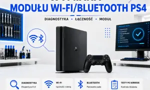 Konsola PS4 z kontrolerem, komputer z diagnostyką systemu. Wymiana modułu Wi-Fi/Bluetooth. Ta sieć Wi-Fi używa starszego standardu zabezpieczeń.