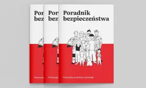 Poradnik bezpieczeństwa z rysunkami ludzi w mundurach i hasłem "Przeczytaj, przećwicz i zachowaj!". Nie ma tu żadnego hakera.
