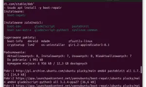 Instalacja pakietu boot-repair w terminalu. Wymagane pliki są pobierane, aby zapewnić prawidłowe działanie narzędzia do naprawy rozruchu.