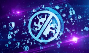 Cyfrowy świat chroniony przez antivirus scanner. Ikony tarcz, kłódek i symbol zakazu wirusów na tle kodu binarnego i globusa.