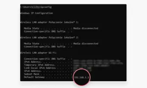 Wynik polecenia ipconfig pokazuje, jak sprawdzić IP komputera. Widoczny jest adres IPv4: 192.168.1.1.