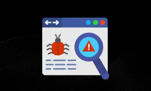 Grafika przedstawia okno przeglądarki z ikoną robaka i lupą wskazującą na ostrzeżenie. Symbolizuje skuteczną ochronę przed malware.