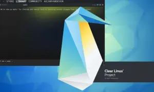 Pulpit z logo Clear Linux, na którym widać okno Steam i kilka terminali.