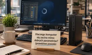 Biurko z komputerem, klawiaturą i myszką. Kartka z napisem "Dlaczego komputer się zacina mimo dobrych parametrów? (prawdziwe powody)" sugeruje, jak sprawdzić podzespoły komputera.