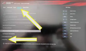 Ekran BIOS z zaznaczoną opcją "Security", gdzie można wyłączyć Secure Boot.