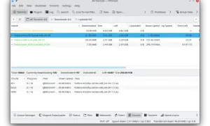 Widok programu KTorrent z listą pobieranych plików, w tym Fedora-Kinoite-ostree-x86_64-39.