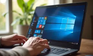 Ręce na klawiaturze laptopa z widocznym menu Start. Dowiedz się, jak sprawdzić wersję Windows.
