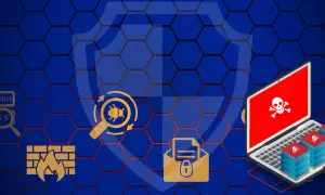 Ilustracja pokazuje zagrożenia cybernetyczne: laptop z czaszką, stosy serwerów z czaszkami, lupa z robakiem, zablokowana koperta, hasło i zapora ogniowa. To pokazuje, co to botnet.