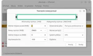 Okno GParted do tworzenia partycji. Ustawienia rozmiaru i systemu plików, przydatne gdy chcesz wiedzieć, jak usunąć partycje z dysku.