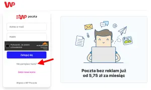 Formularz logowania WP Poczta. Czerwona strzałka wskazuje opcję "Nie pamiętasz hasła?", która może pomóc w zmianie hasła, podobnie jak w przypadku zmiany hasła linux.