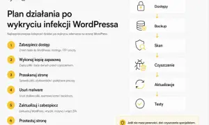 Plan działania po wykryciu infekcji WordPressa: zabezpiecz dostęp, backup, skan, czyszczenie malware i backdoorów, aktualizacje, testy.