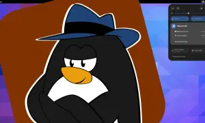 Pingwin w fedorze na tle pulpitu Fedora 37, z widocznym panelem ustawień Bluetooth.