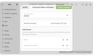 Jak zabezpieczyć folder hasłem? Okno tworzenia archiwum ZIP z opcją szyfrowania i wprowadzania hasła.