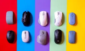 Różne rodzaje myszek komputerowych: gamingowe, ergonomiczne i kompaktowe, ułożone na kolorowych tłach.