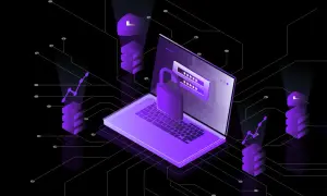 Ilustracja pokazuje, jak zabezpieczyć komputer przed hakerami: laptop z kłódką i polem logowania, otoczony elementami symbolizującymi ochronę danych.