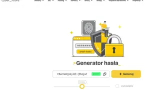 Generator hasła tworzy bardzo silne, bezpieczne hasło. Ikony symbolizują ochronę i dane.