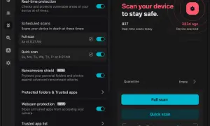 Interfejs programu antywirusowego. Widoczne opcje: ochrona w czasie rzeczywistym, zaplanowane skanowanie (pełne i szybkie), ochrona przed ransomware. Po prawej przycisk "Skanuj swoje urządzenie".