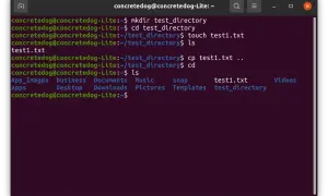 Terminal Linux: cp test1.txt .. kopiuje plik test1.txt do katalogu nadrzędnego.