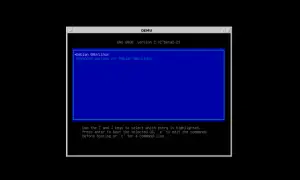 Ekran startowy GRUB dla Debian GNU/Linux w QEMU. Wybierz system lub edytuj polecenia.