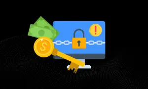Klucz do odblokowania danych, pieniądze i zablokowany komputer. To ilustracja pokazująca, czym jest ransomware.