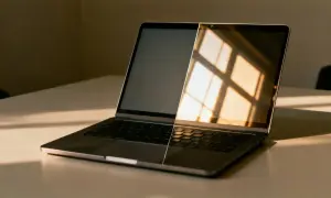 Laptop z połową ekranu zaciemnioną, a drugą odbijającą światło okna. Czas na upgrade laptopa!