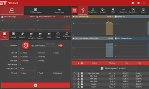 Oprogramowanie OCCT do testu karty graficznej. Widok na ustawienia testu CPU, wykresy temperatury i napięcia GPU, oraz dane procesora AMD Ryzen 5 4500U.