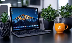 Laptop z górskim krajobrazem na pulpicie, obok parująca pomarańczowa filiżanka i rośliny. Idealne miejsce do nagrywania ekranu komputera.