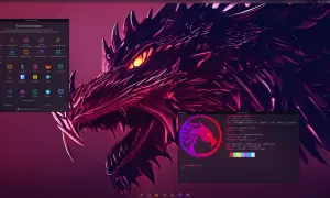 Smok z ognistymi oczami na tle pulpitu z logo Garuda Linux. Widoczny panel powitalny i terminal z informacjami o systemie.