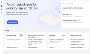 Interfejs McAfee Total Protection. Zobaczysz tu informacje o subskrypcji i opcje ochrony. Nie ma tu bezpośredniej opcji jak wyłączyć McAfee, ale można zarządzać ochroną.