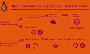 Wykres wyboru dystrybucji Linuxa: serwer (duża/mała serwerownia, wsparcie techniczne/praca samodzielna) lub workstation (Windows/macOS friendly, Linux Experience).