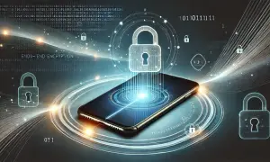 Telefon z symbolami kłódki i tekstem "END-TO-END ENCRYPTION" ilustruje szyfrowanie wiadomości.